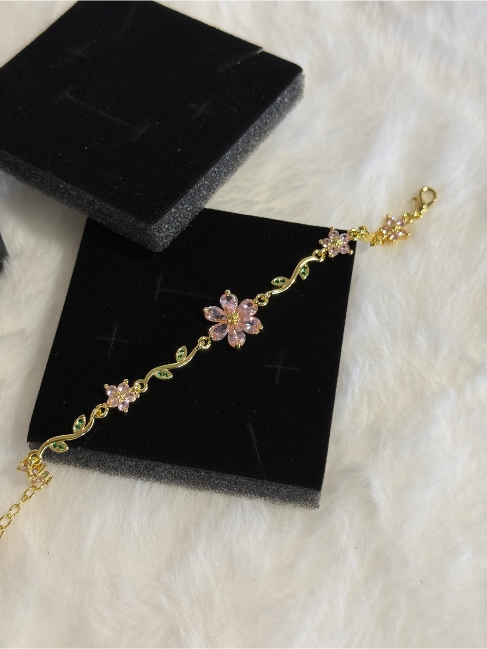 Gold Floral Bracelet with Pink and Green Accents - Women Jewelry